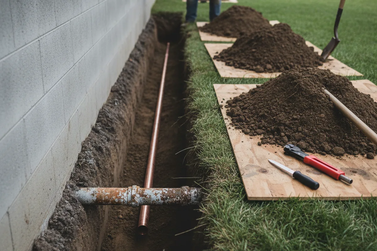 Excavated water line trench during Sewer Line Repair in Dade City